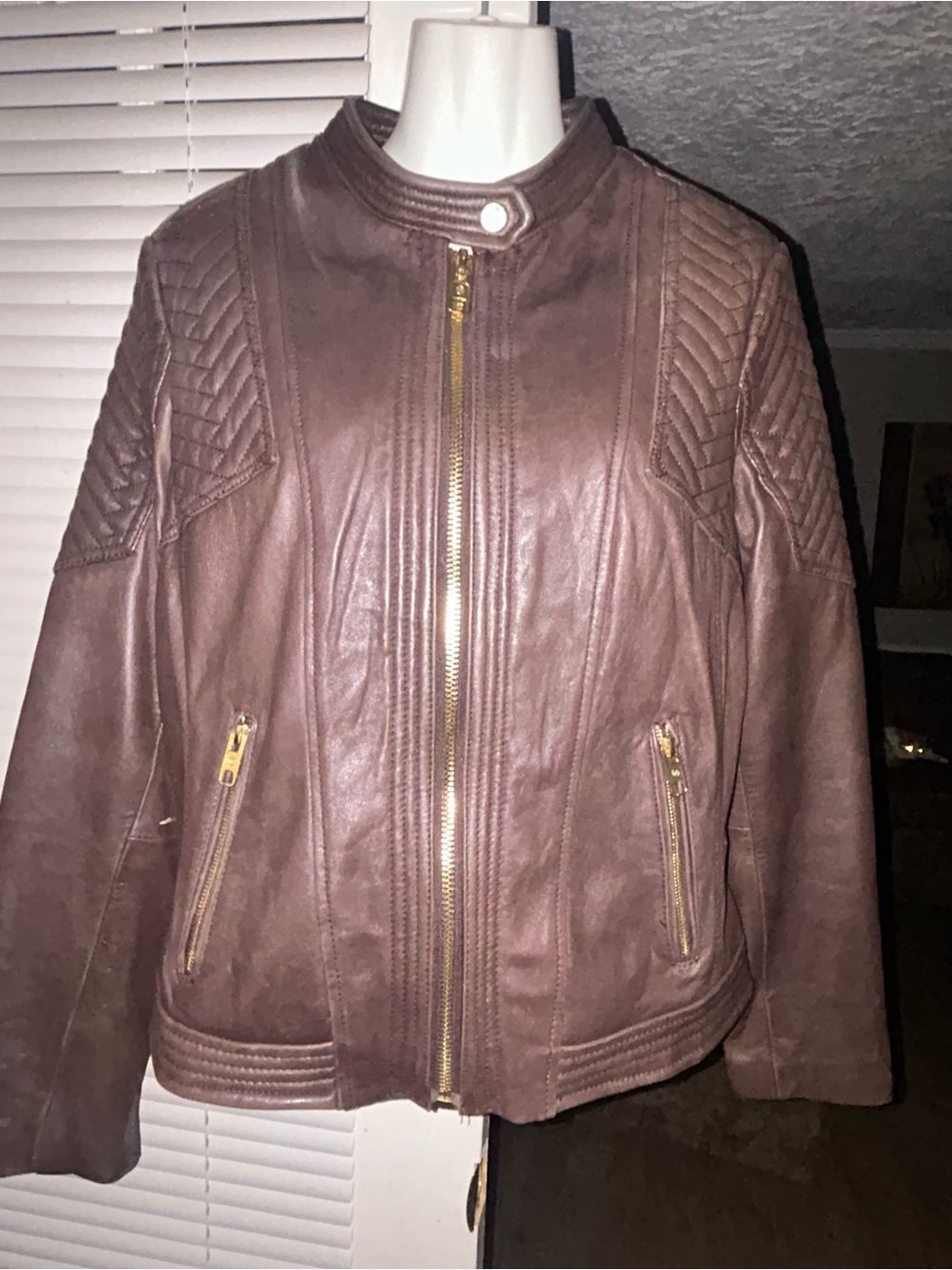 Michael Kors Brown Quilted Shoulder Faux Leather Moto Jacket